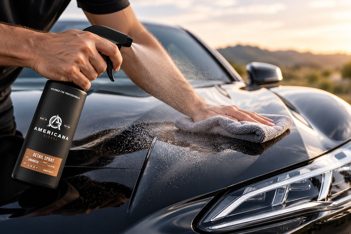 Americana Global Detail Spray applied to a black car with a microfiber towel