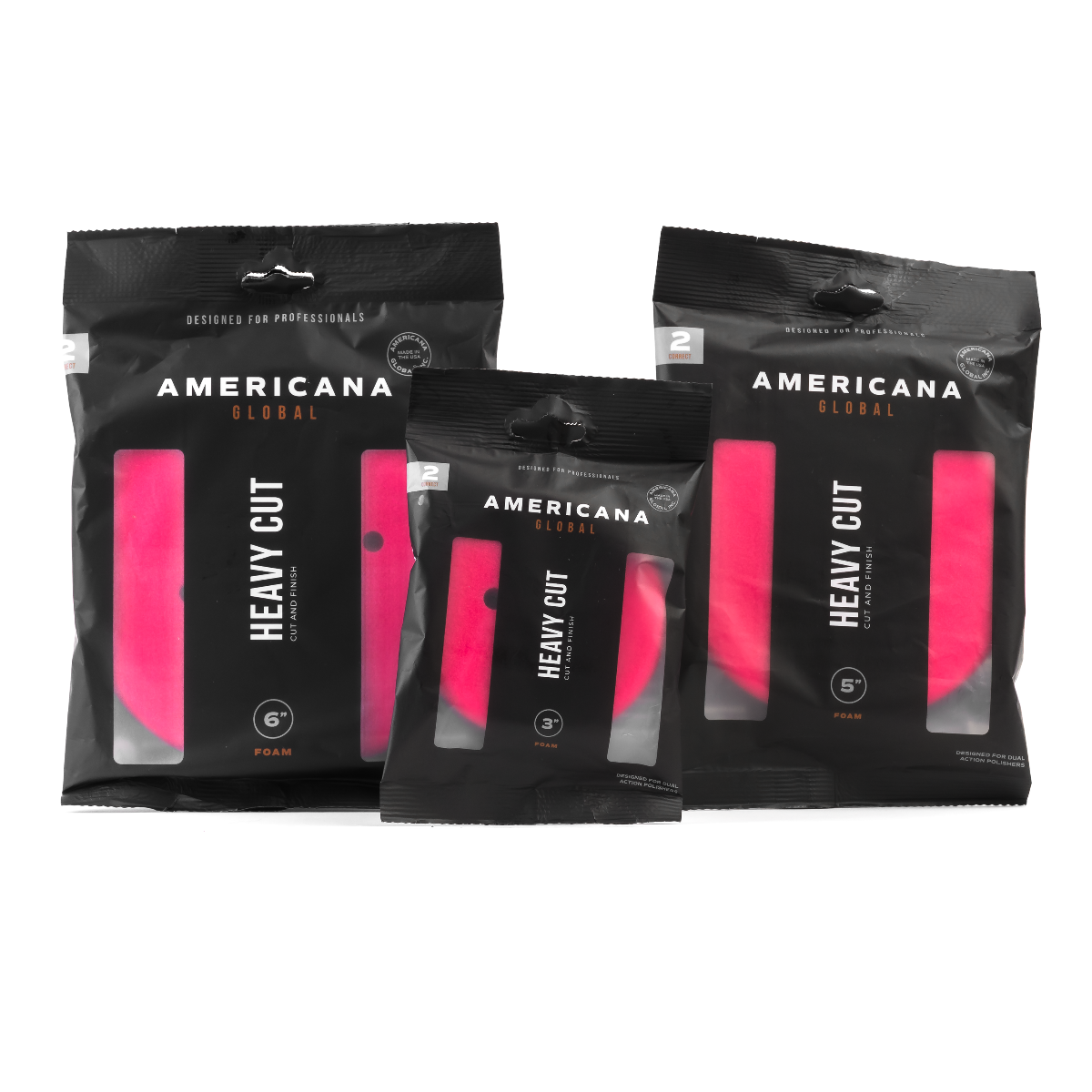 Americana Global Heavy Cut foam polishing pads in 3-inch, 5-inch, and 6-inch sizes