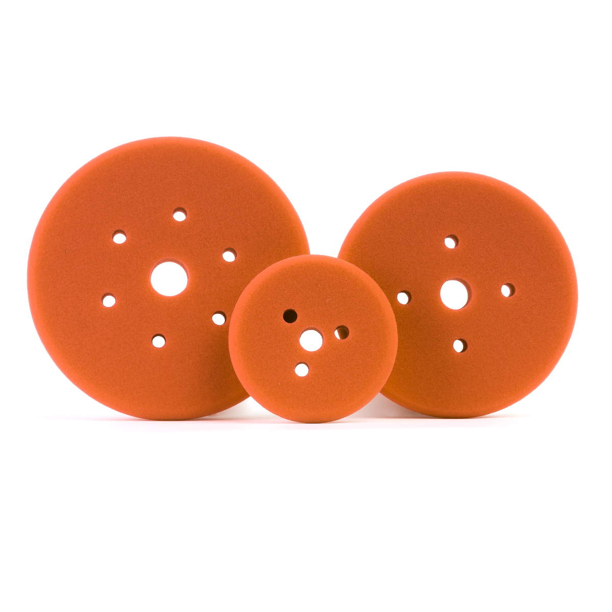 Americana Global Medium Cut orange foam polishing pads in 3-inch, 5-inch, and 6-inch sizes