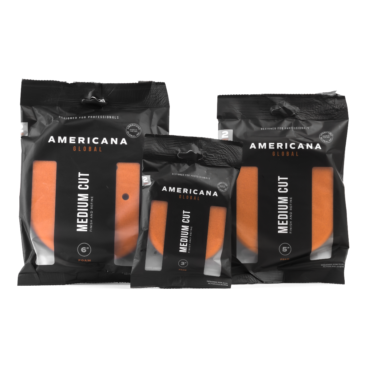Americana Global Medium Cut orange foam polishing pads in 3-inch, 5-inch, and 6-inch sizes