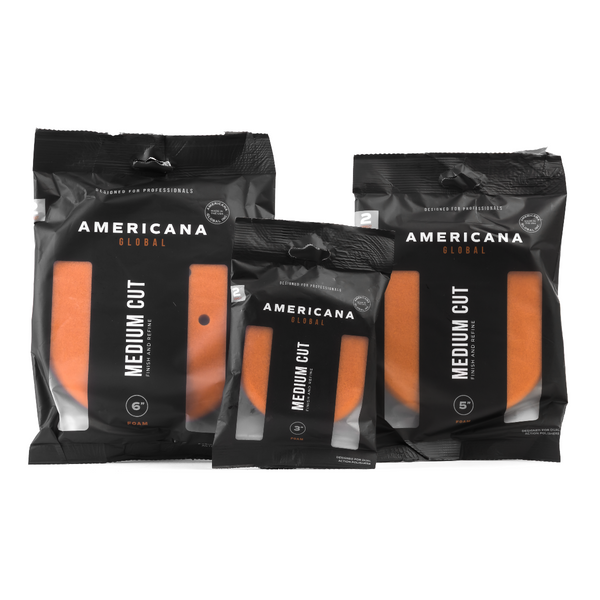 Americana Global Medium Cut orange foam polishing pads in 3-inch, 5-inch, and 6-inch sizes