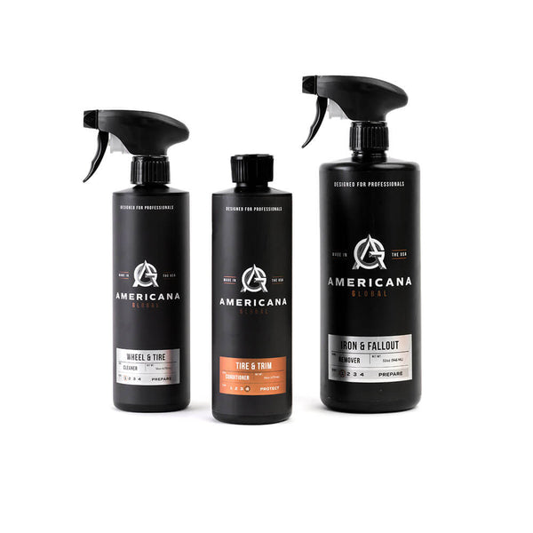 Americana Global wheel and tire care kit with cleaner, conditioner, and iron remover