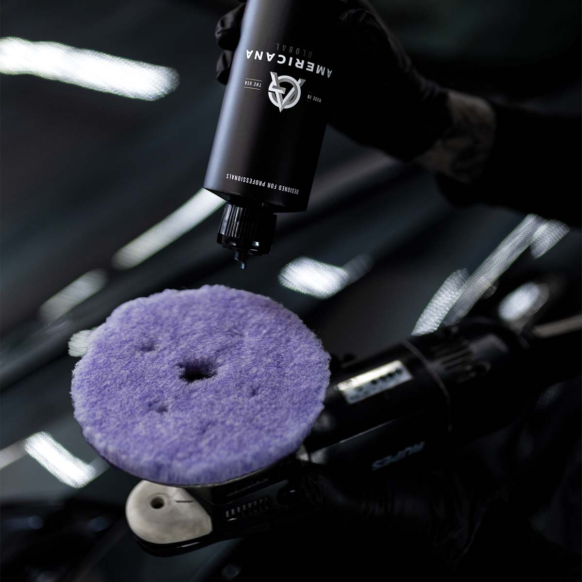 Americana Global compound applied to a polishing pad on a dual-action polisher